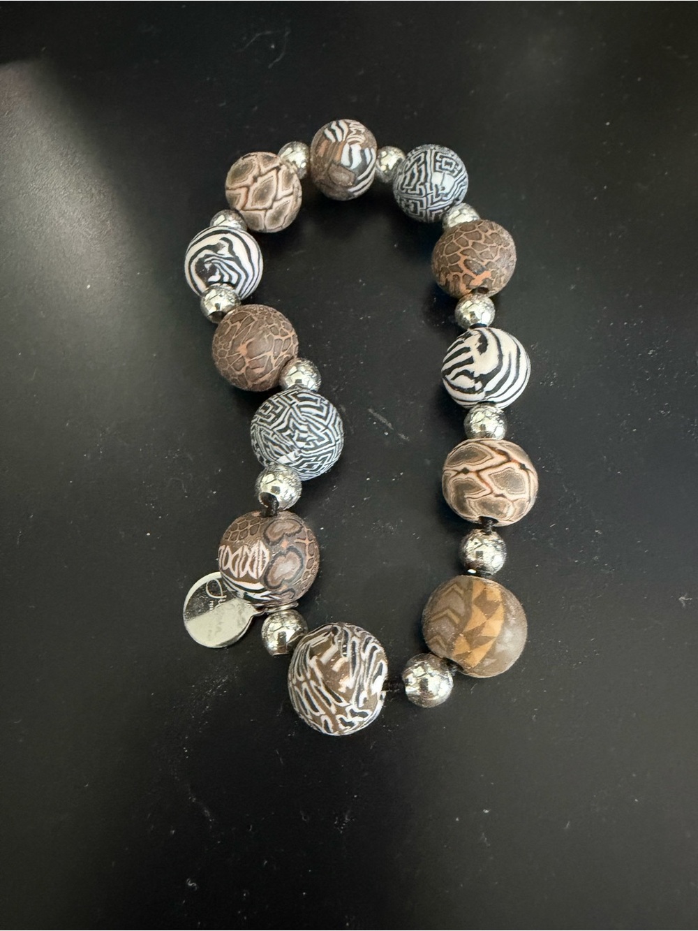Brown Patterned Beaded Bracelet for Women with Silver Accents